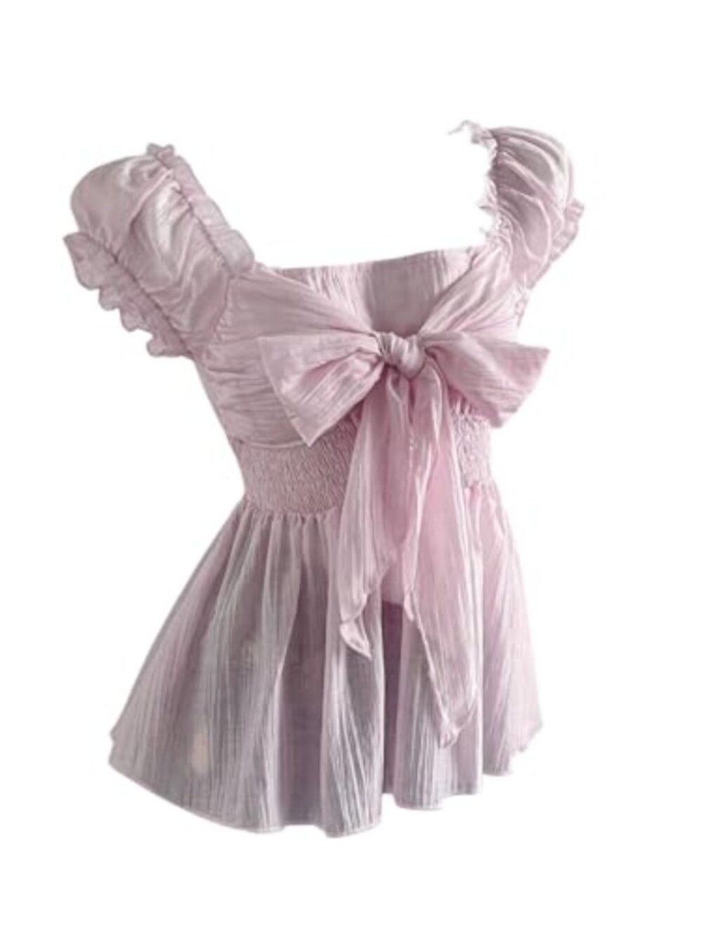 SHENHE Women's Puff Sleeve Peplum Chiffon Blouse Smocked Tie Bow Coquette Top